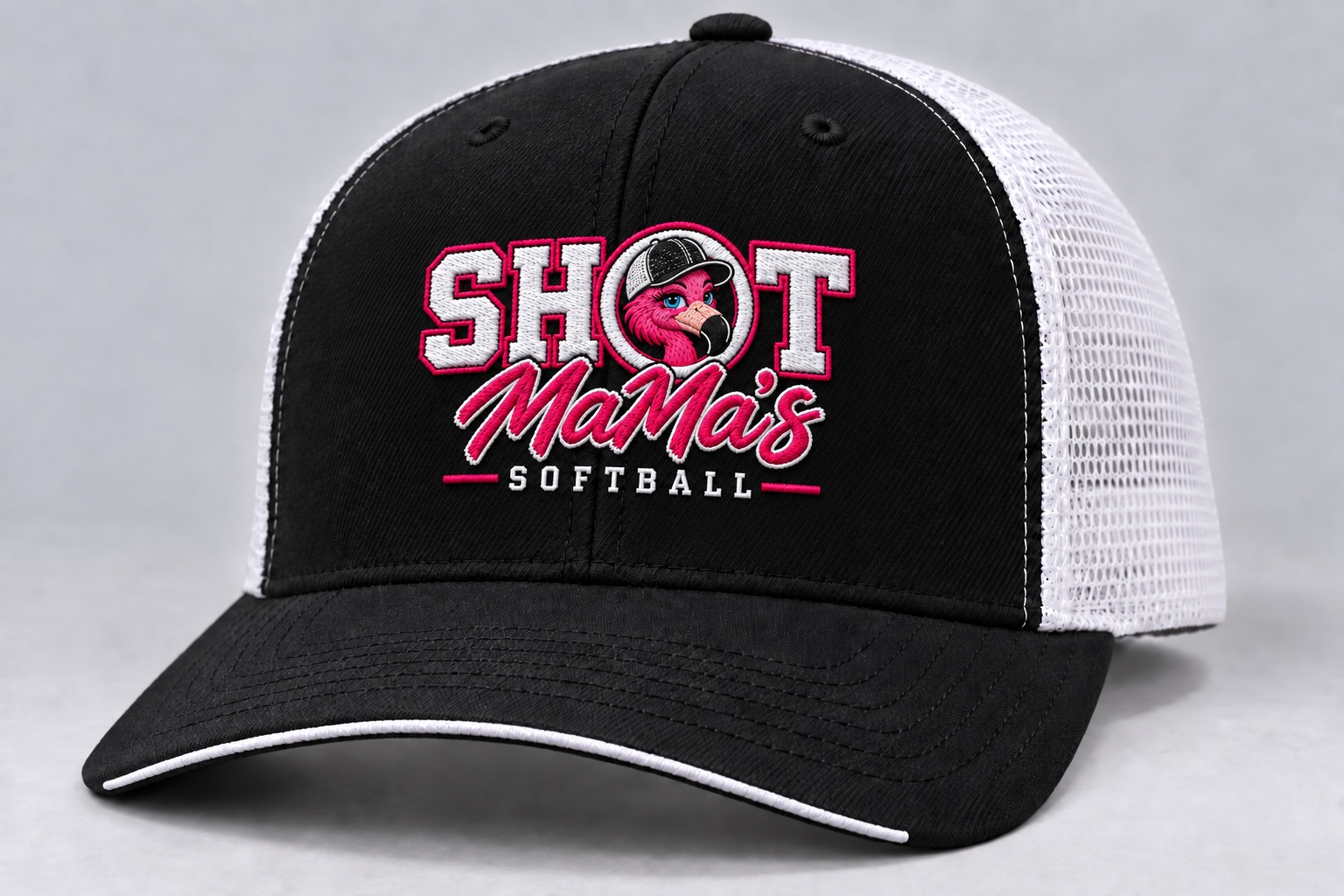 Richardson softball hat with the original SHOT MaMa’s design, black front, white mesh and white bill trim