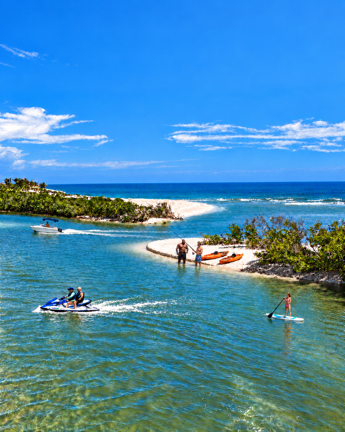 Sunny Florida inlet with two jet-ski riders, a woman paddleboarding, a distant canopy boat, and two kayakers beside orange kayaks, one fishing.